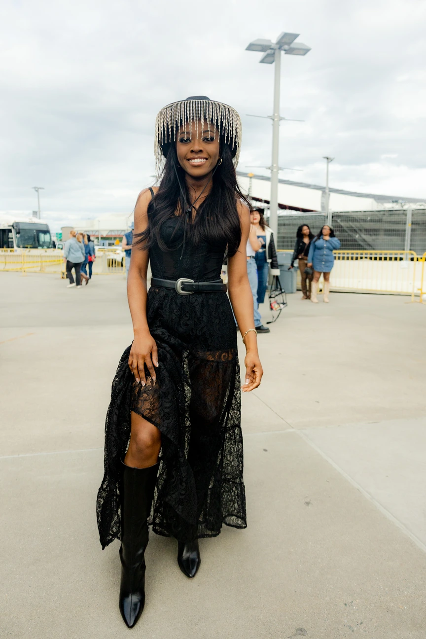 beyonce black lace dress cowboy carter The Best Street Style At Beyoncé's New Jersey Tour Stop LaDivine CC2349 Glitter Formal chapel train Color:Black / Nude