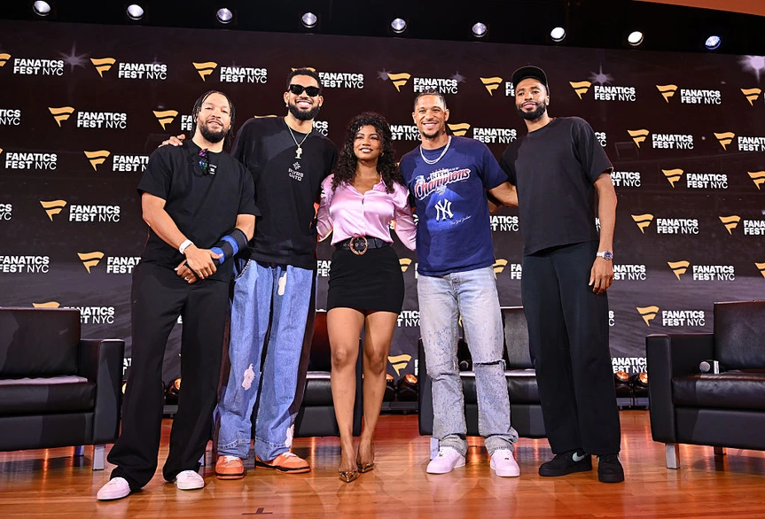 Jalen Brunson, Karl-Anthony Towns, Taylor Rooks, Josh Hart and Mikal Bridges
