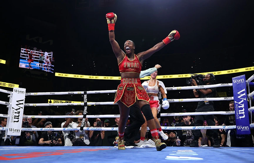Claressa Shields reacts after defeating Kaye Scott.