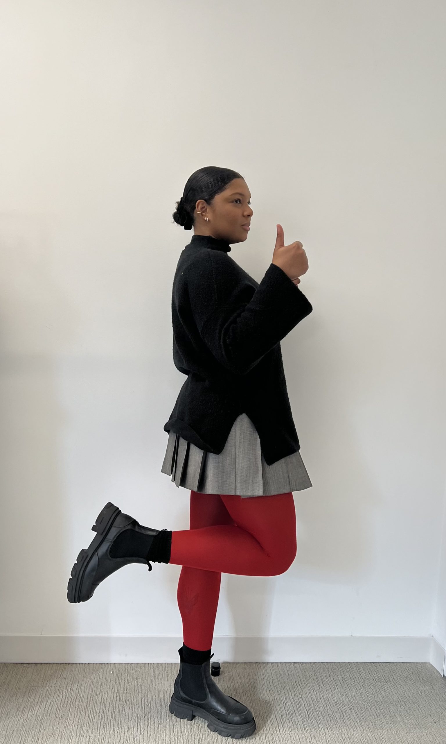 red dress grey tights Burgundy tights outfit idea to round off my 7 days of autumn outfits series , I absolutely love the pop of burgundy with this tonal grey outfit. What do you think? , Knitted top @hm , Skirt @zara ,