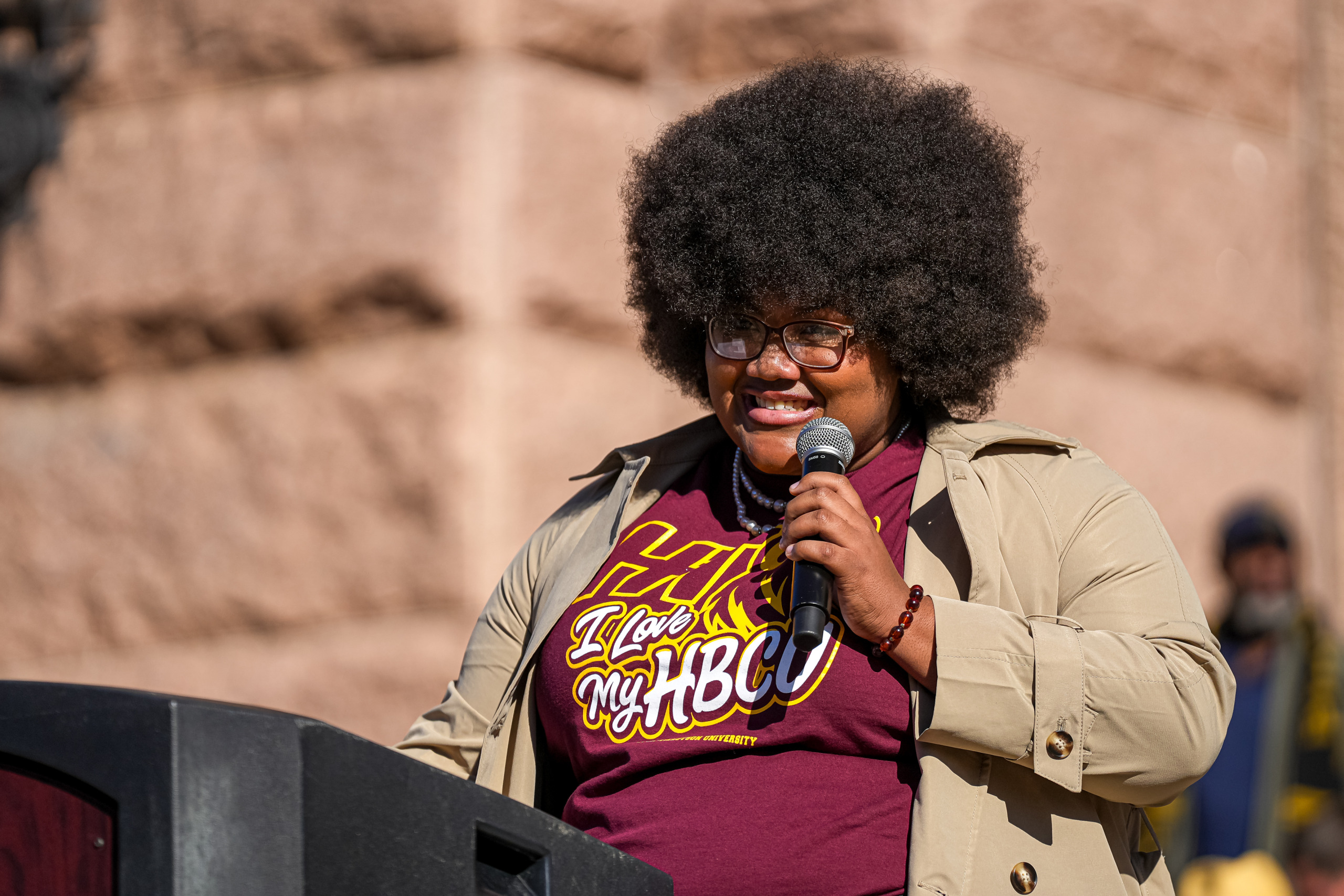 Sky Turntine, president of the Student Government Association at Huston-Tillotson University, speaks at the 2026 MLK Community March. (Aaron E. Martinez/The Austin American-Statesman via Getty Images)