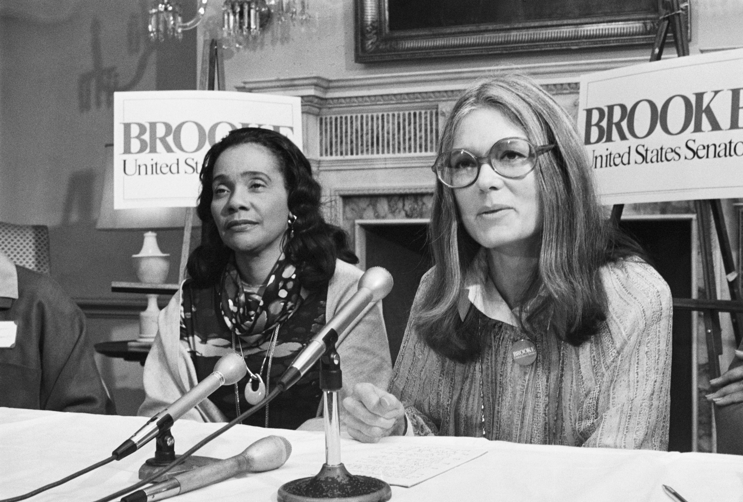 Coretta Scott King with Gloria Steinem announcing their endorsement of US. Senator Edward Brooke, circa 1978 (Getty Images).