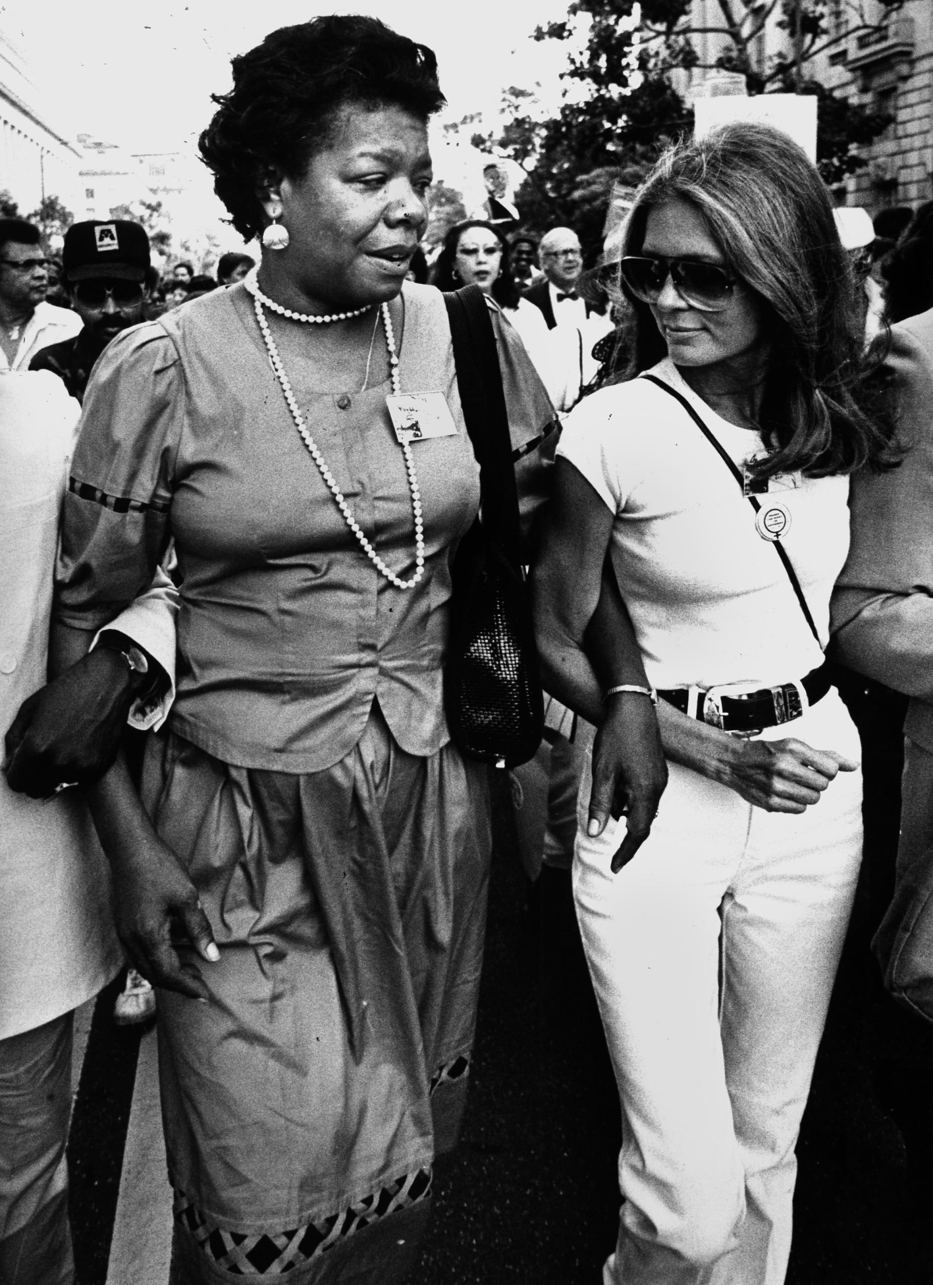 Maya Angelou and Gloria Steinem heading to the March on Washington on August 27, 1983 in Washington, DC. (Photo by James M. Thresher/The Washington Post via Getty Images)