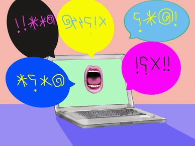 Mouth shouting profanities from laptop screen